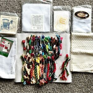 Lot of about 55-57 Vtg Cross Stitch DMC 25 Floss & Assorted Fabric 14 Ct 18 Ct